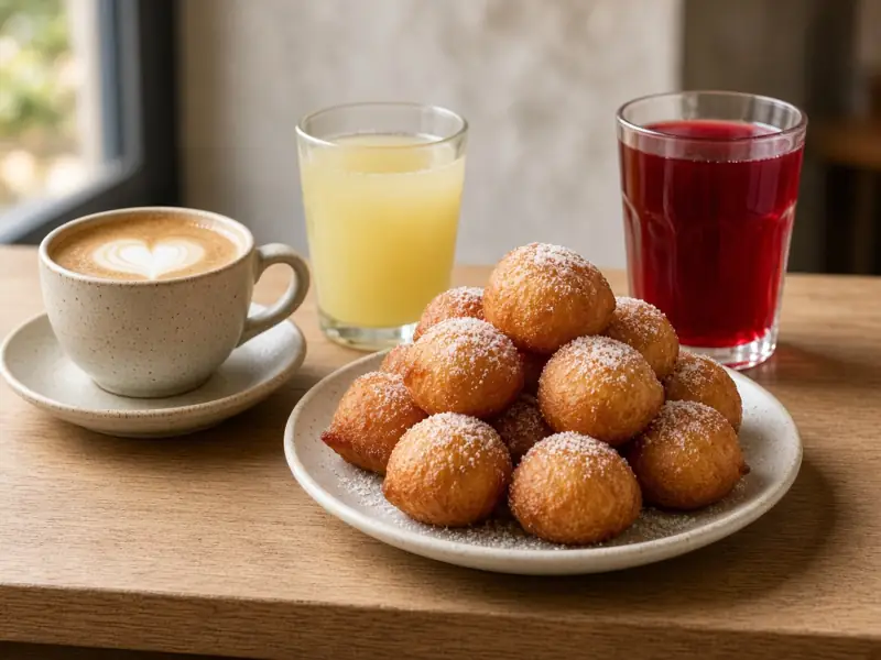 Café au lait, jus et beignets sucrés
